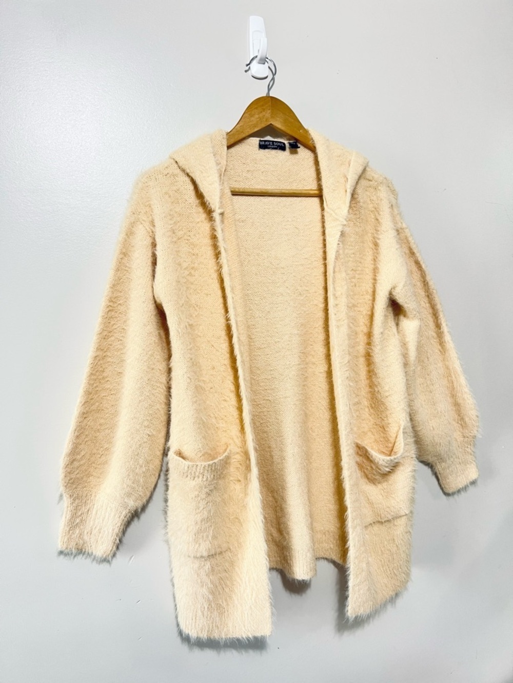 Brave Soul Cardigan Size XS Long Hooded Plush Cream Knit Cardigan Cottagecore